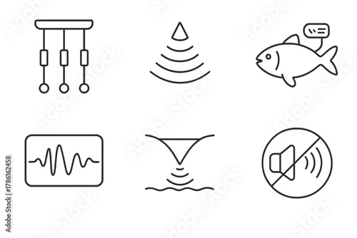 Marine Acoustics Icons. Line style icons of marine acoustics: hydrophone array, sonar pulse wave, sound propagation path, acoustic