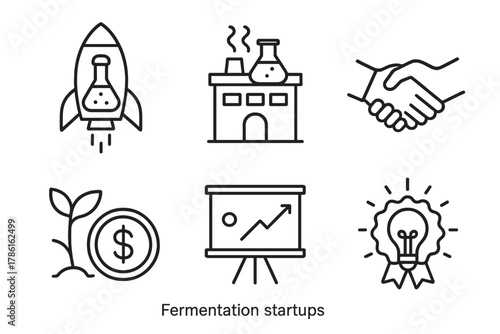 Fermentation Startup Icons. Line style icons of fermentation startups: launch rocket with flask, startup lab building, co-founder