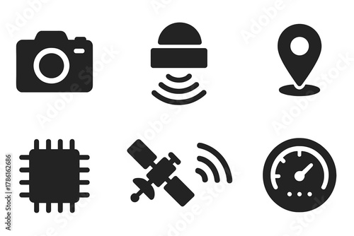 Sensor Suite Icons. Solid style icons of sensor suites: camera, ultrasonic sensor, infrared sensor, GPS antenna, microchip,