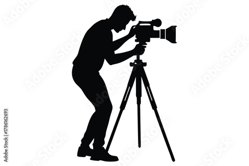 man-taking-photo-using-tripod-black-and-white-silhouette
