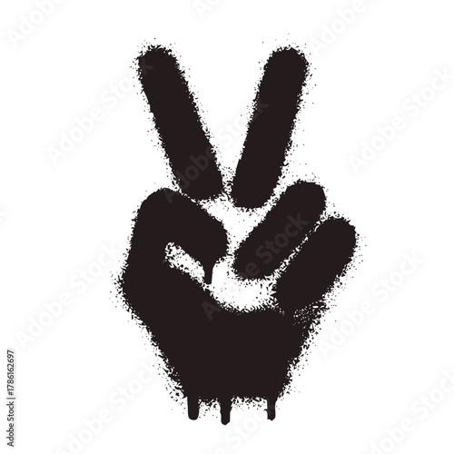 Black graffiti hand with peace sign on white background, isolated