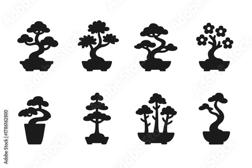 Bonsai Tree Icons. Solid style icons of Miniature Trees: pine bonsai, maple bonsai, juniper bonsai, flowering bonsai, cascade