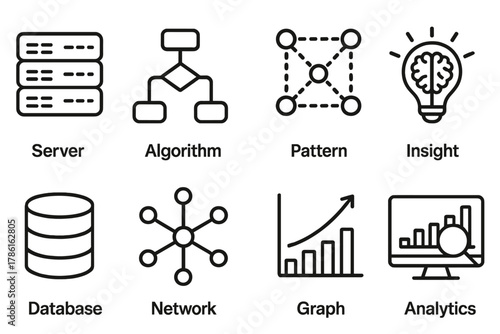 Data Mining Icons. Line style icons of Data Mining: Server Farm, Algorithm, Pattern, Insight, Database, Network, Graph, Analytics,