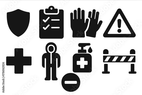 Safety Icons Collection. Solid style icons of safety: shield, checklist, gloves, warning triangle, medical cross, cleanroom suit,