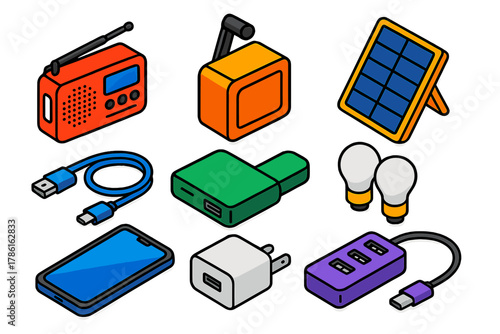 Disaster Preparedness Essentials. Isometric vector illustration set Disaster preparedness – weather radio, hand crank generator,