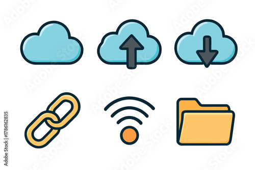 Cloud storage concepts for managing data and sharing files easily. Set of 6 vector illustration