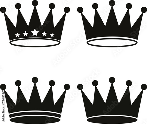 Four black crown illustrations, each with a unique design, displayed on a white background.