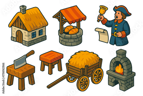 Medieval Village Icons. Isometric vector illustration set Classic literature – medieval village, thatched roof cottage, well;