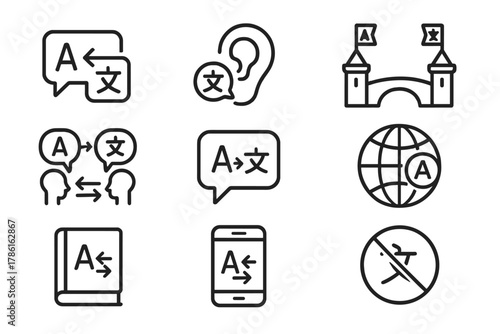 Language Translation Icons. Line style icons of Language Translation: Real-Time Text, Earpiece, Cultural Bridge, Communication,