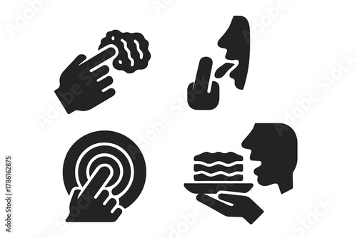 Sensory Dining Icons. Solid style icons of tactile flavor dining: hand touching textured food, tongue and fingertip icon, textured