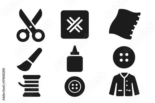 Upcycling Icons Collection. Solid style icons of upcycling: scissors, patch, fabric piece, paintbrush, glue bottle, button, thread