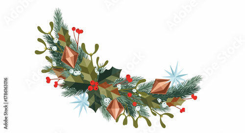 A festive illustration depicts a Christmas wreath with vibrant green foliage, red berries, and sparkling decorative accents, perfect for holiday designs.