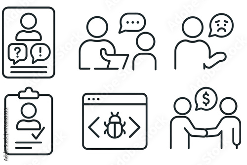 Line Style Microlearning Icons. Line style icons of real-life scenarios in microlearning: workplace dilemma card, sales