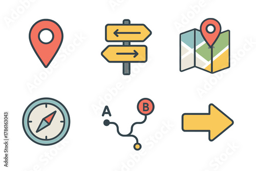 Navigation tools for map reading and outdoor adventures. Set of 6 vector illustration