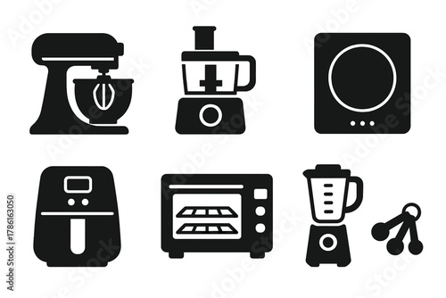 Modern Kitchen Tools. Solid style icons of Modern Kitchen Tools: stand mixer, food processor, digital scale, induction cooktop,
