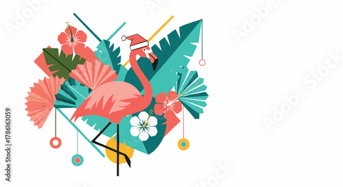 A festive illustration depicts a flamingo adorned in a Santa hat, surrounded by tropical foliage, creating a unique holiday design.