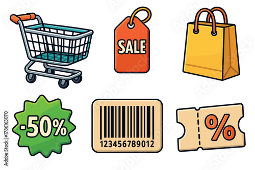 Shopping essentials for sales and discounts on consumer goods. Set of 6 vector illustration