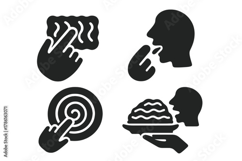 Sensory Dining Icons. Solid style icons of tactile flavor dining: hand touching textured food, tongue and fingertip icon, textured