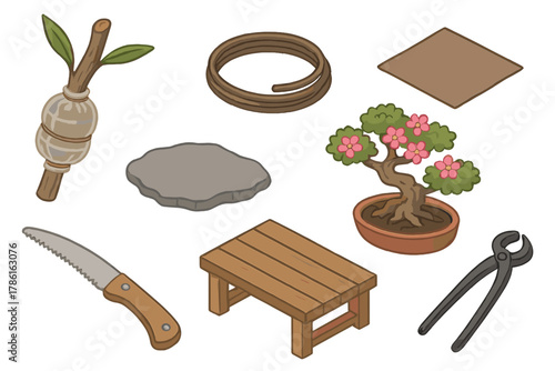 Bonsai Gardening Essentials. Isometric vector illustration set of Bonsai gardening: air layering wrap, curved training wire,