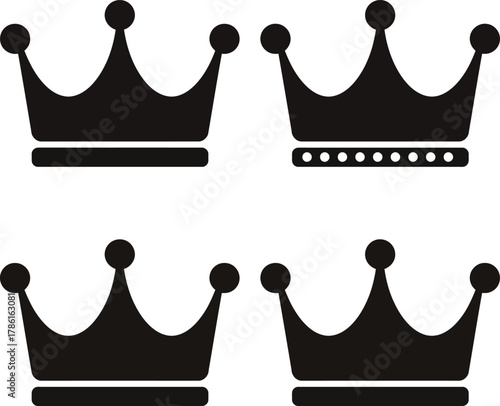 Four black crown icons in a grid, each with a slightly different design and silhouette.