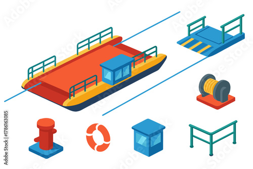 Colorful Ferry Icons. Isometric vector illustration set Public transportation – cable ferry, river deck, mooring post; loading