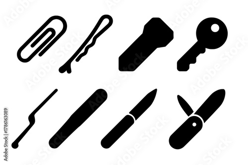 Escape Tools Icons. Solid style icons of Escape Tools: paperclip, bobby pin, shim, hidden key, improvised pick, nail file, thin