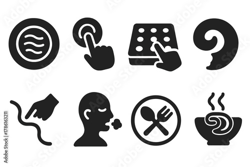 Sensory Food Icons. Solid style icons of food therapy textures: calm-texture plate, soft touch therapy icon, sensory stress relief