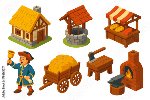 Medieval Village Icons. Isometric vector illustration set Classic literature – medieval village, thatched roof cottage, well;