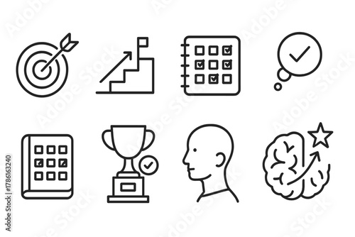 Goal Setting Icons. Line style icons of goal setting for brain development: SMART goal icon, progress steps chart, habit tracker
