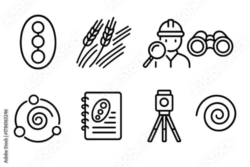 Crop Circle Exploration. Line style icons of Crop Circle: Oval Pattern, Flattened Rye, Investigation Team, Binoculars, Crop Swirl,