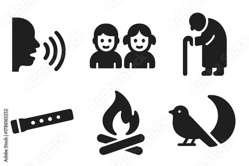 Oral Tradition Icons. Solid style icons of oral traditions: speaking face, curved sound waves, children listening, elder with