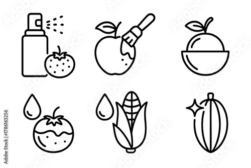 Edible Coating Icons. Line style icons of edible outer coatings: edible wax spray, rice glaze, alginate barrier, oil-based edible