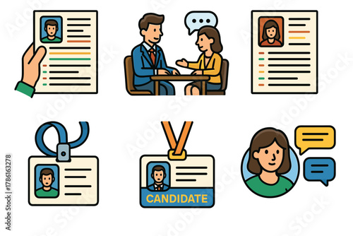 Job interview process and recruitment materials for effective hiring. Set of 6 vector illustration