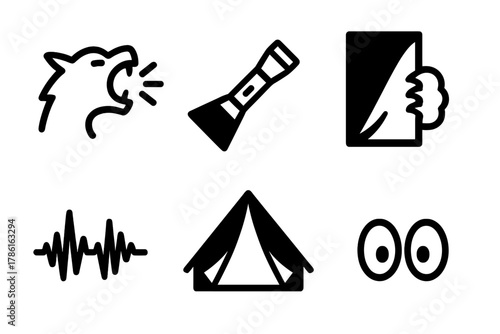 Cryptid Investigation Icons. Line style icons of Cryptid Research: Creature roar icon, flashlight beam cutout, hidden paw, audio