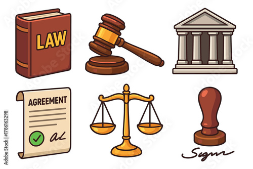 Legal symbols representing justice, agreement, and law concepts. Set of 6 vector illustration