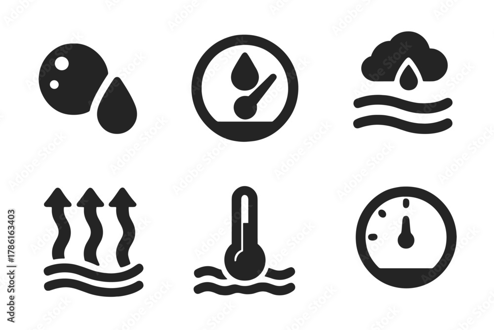 Fototapeta premium Atmospheric Moisture Icons. Solid style icons of atmospheric moisture representation: air molecule with water droplet, humidity
