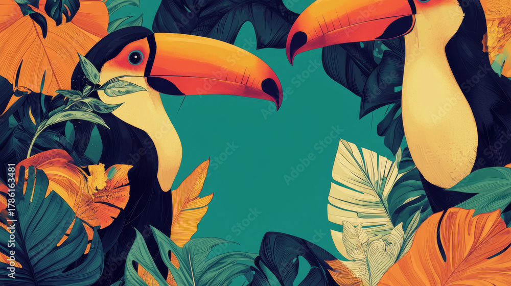 Naklejka premium Tropical toucan with large orange beak among lush green leaves, vibrant and lively