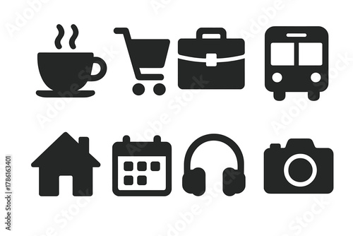 Daily Lifestyle Icons. Solid style icons of daily lifestyle: coffee cup, shopping cart, briefcase, bus, home, calendar, headphones