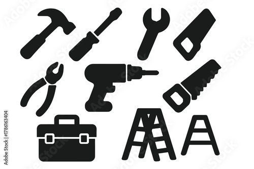 Tool Library Icons. Solid style icons of tool library shared resources: hammer, screwdriver, wrench, pliers, drill, saw, toolbox,