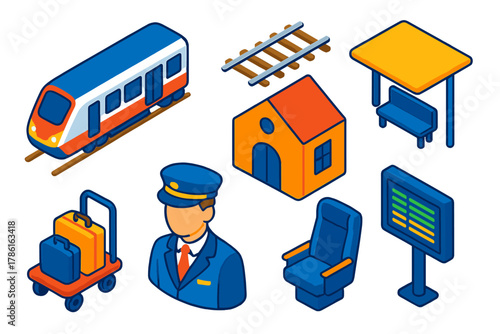 Colorful Train Station Icons. Isometric vector illustration set Public transportation – commuter train, rail tracks, station