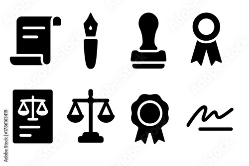 Treaty Icons Set. Solid style icons of treaties: scroll, pen, stamp, ribbon, document, balance scale, wax seal, signature, No text