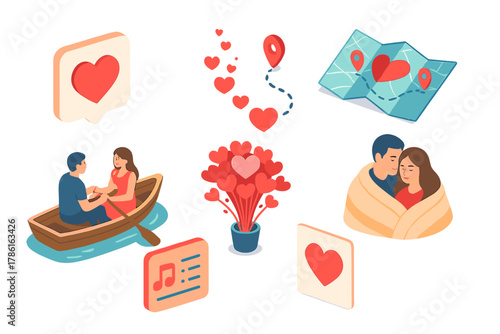 Romantic Isometric Elements. Isometric vector illustration set of Romantic & Love: digital heart reaction, spark trail of love,