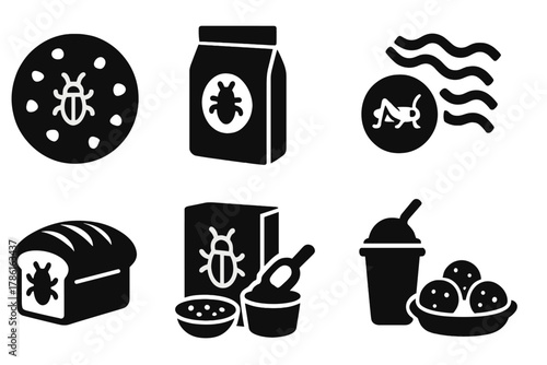Insect Protein Icons. Solid style icons of insect protein foods: protein cookie with bug symbol, pancake mix bag, pasta noodles