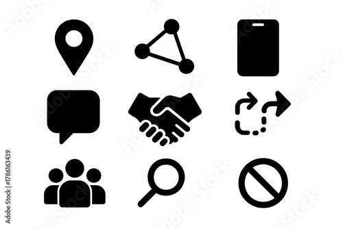 Contact Tracing Icons. Solid style icons of contact tracing: location pin, connected dots, smartphone, speech bubble, handshake,