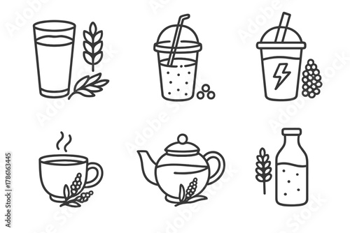 Grain Drink Icons. Line style icons of grain-based drinks: spelt milk glass, quinoa smoothie cup, millet energy shake, grain