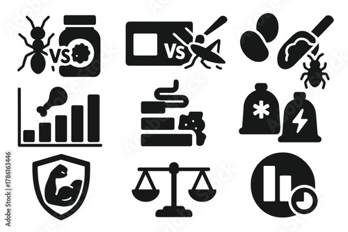 Protein Comparison Icons. Solid style icons of protein comparison visuals: insect vs whey icon, soy vs cricket bar, pea vs bug