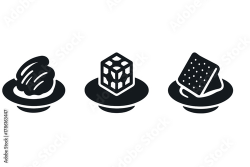 Artistic Cuisine Icons. Solid style icons of artistic texture dining: plated brushstroke feel, geometric crunch cube, edible