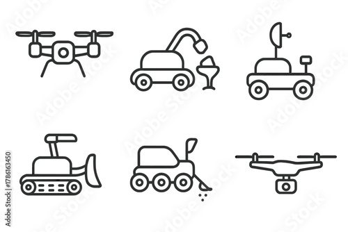 Terraforming Rover Icons. Line style icons of terraforming rover types: explorer drone, soil sampling robot, atmospheric analyzer