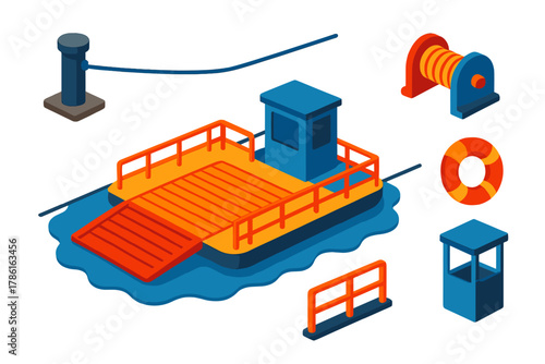 Colorful Ferry Icons. Isometric vector illustration set Public transportation – cable ferry, river deck, mooring post; loading