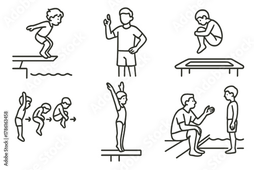 Youth Diving Icons. Line style icons of youth and training diving: child diver from low board, coach pointing upward, trampoline